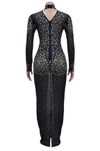 Mesh Rhinestone Long Sleeve Maxi Dress Lavish Daily