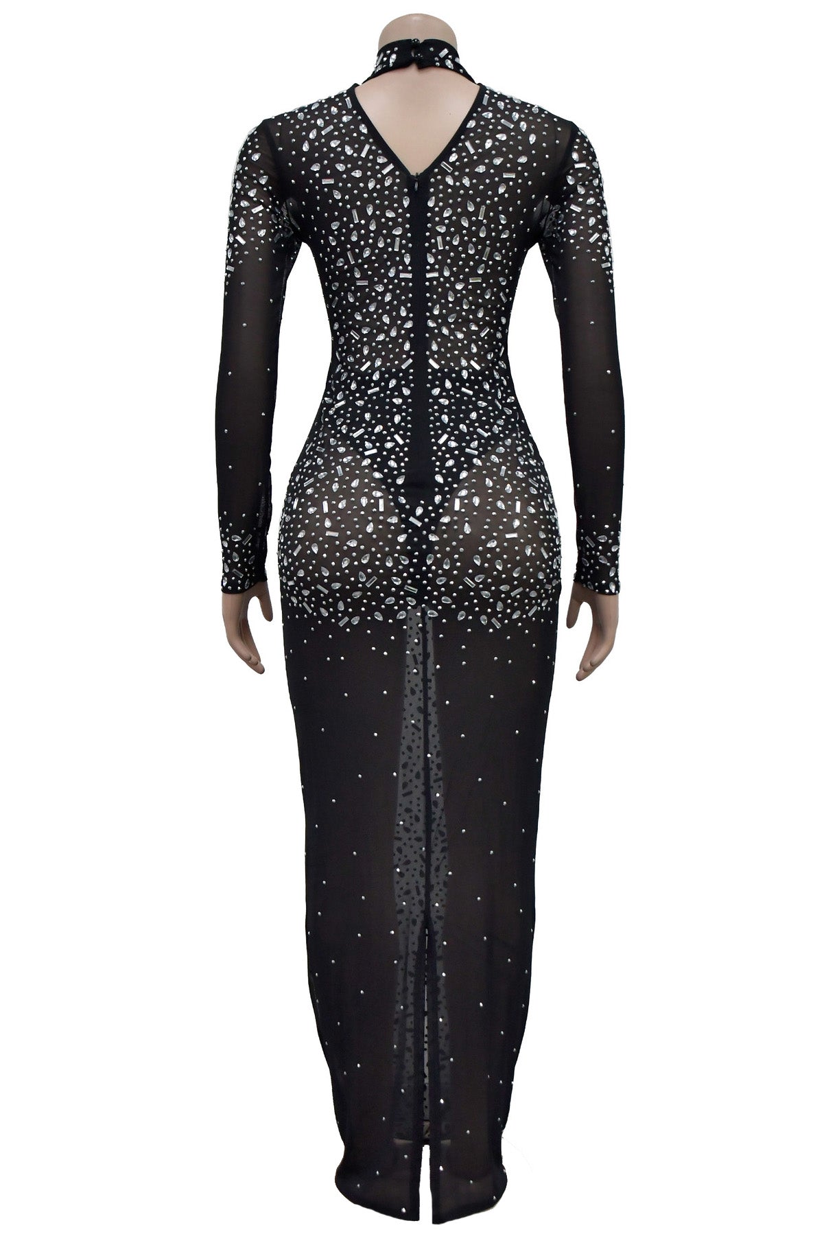 Mesh Rhinestone Long Sleeve Maxi Dress Lavish Daily