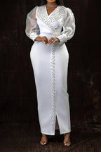 Rhinestone V-Neck Puff Sleeve Maxi Dress Lavish Daily