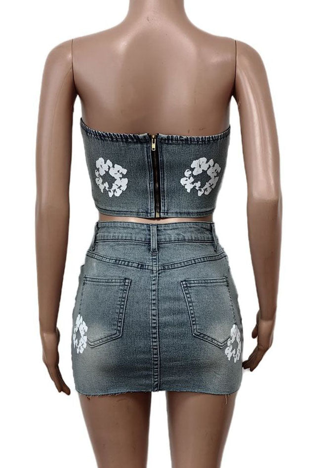 Printed Strapless Elastic Denim Skirt Set Lavish Daily
