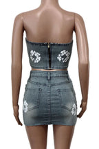 Printed Strapless Elastic Denim Skirt Set Lavish Daily