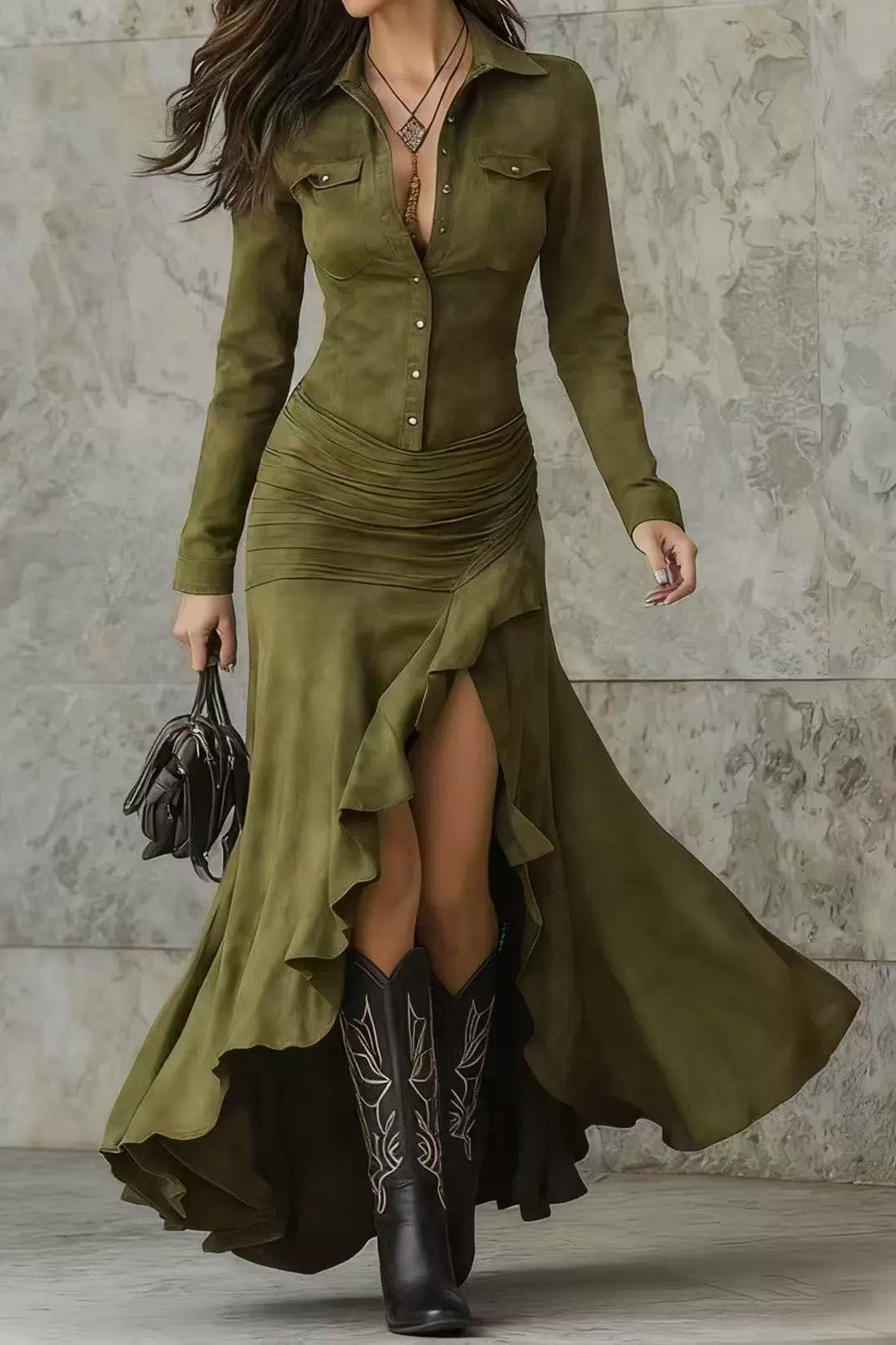 Irregular Ruffled Collared Maxi Dress Lavish Daily