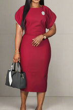Round Neck Short Sleeve Bodycon Midi Dress Lavish Daily