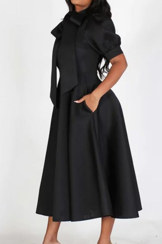 Elegant Tie-Neck Puff Sleeve A-Line Dress Lavish Daily