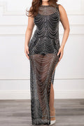Sheer Rhinestone High Slit Gown Lavish Daily