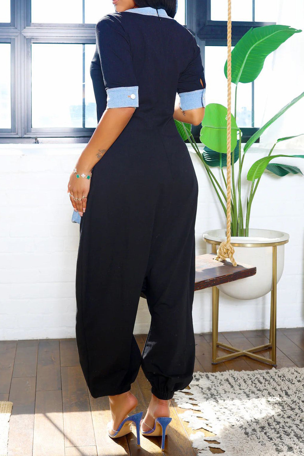 Loose Fit V-Neck Denim Jumpsuit Lavish Daily