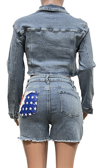 Casual Denim Set with Flag Print for Women Lavish Daily