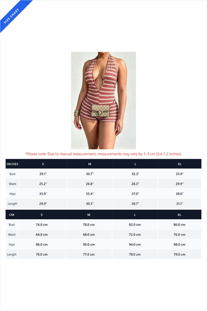 Striped Ribbed Plunge Halter Romper LavishDaily