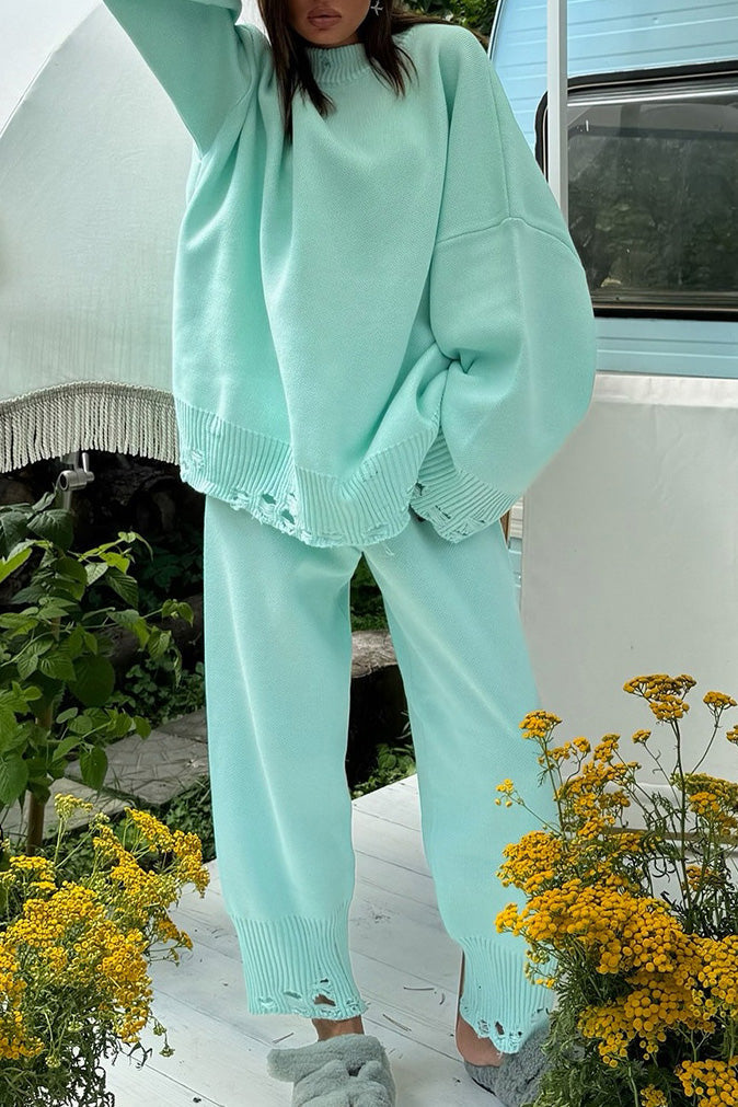 Distressed Knit Pants & Crew Neck Sweater Set Lavish Daily