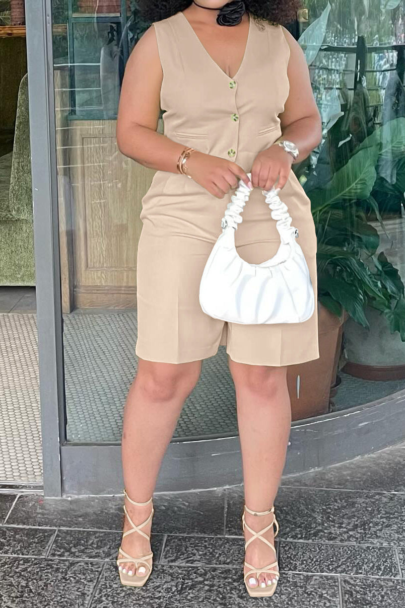 V-Neck Button Vest Top and Shorts 2-Piece Set Lavish Daily