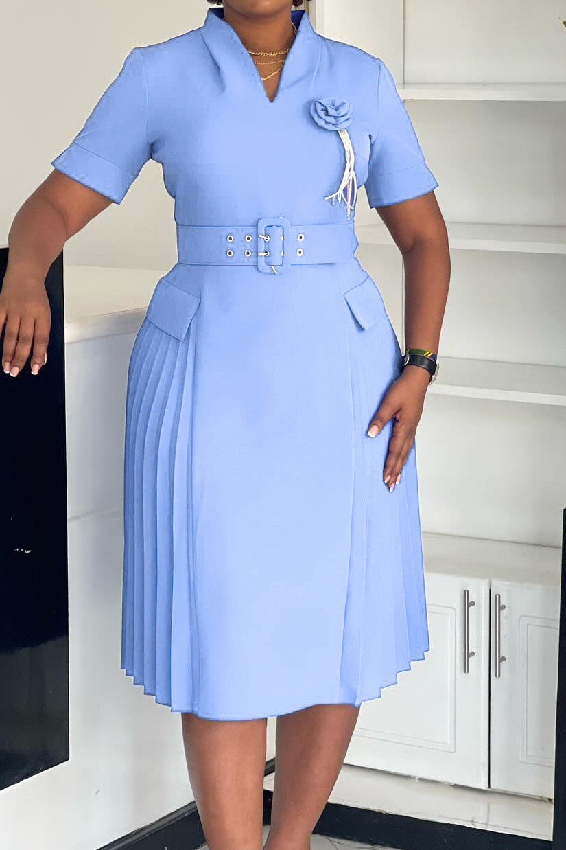 V-Neck Solid Color Plus Size Pleated Dress Lavish Daily