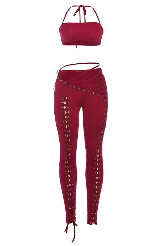 Crop Top and Lace-Up Pants 2-Piece Set Lavish Daily