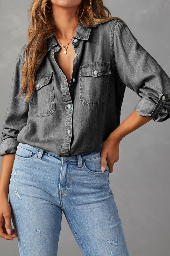 Classic Roll-Tab Sleeve Denim Button-Down Lavish Daily