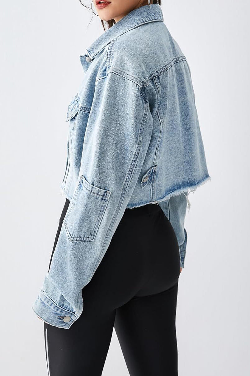 Long Sleeve Cropped Loose Denim Jacket Lavish Daily