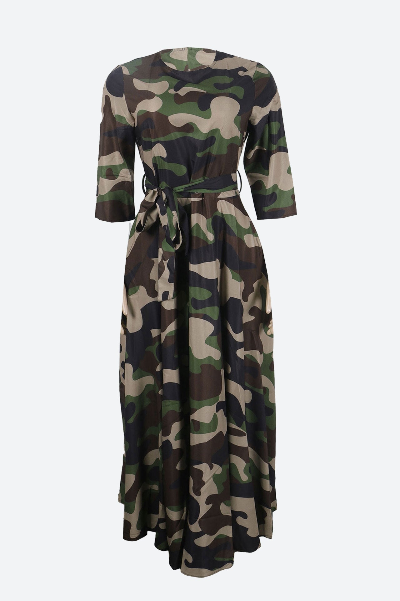 Print Crew Neck Half Sleeve Belted Dress Lavish Daily