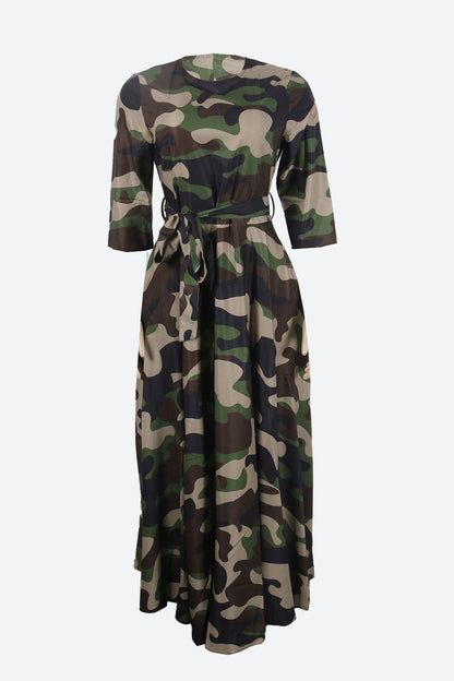 Print Crew Neck Half Sleeve Belted Dress Lavish Daily