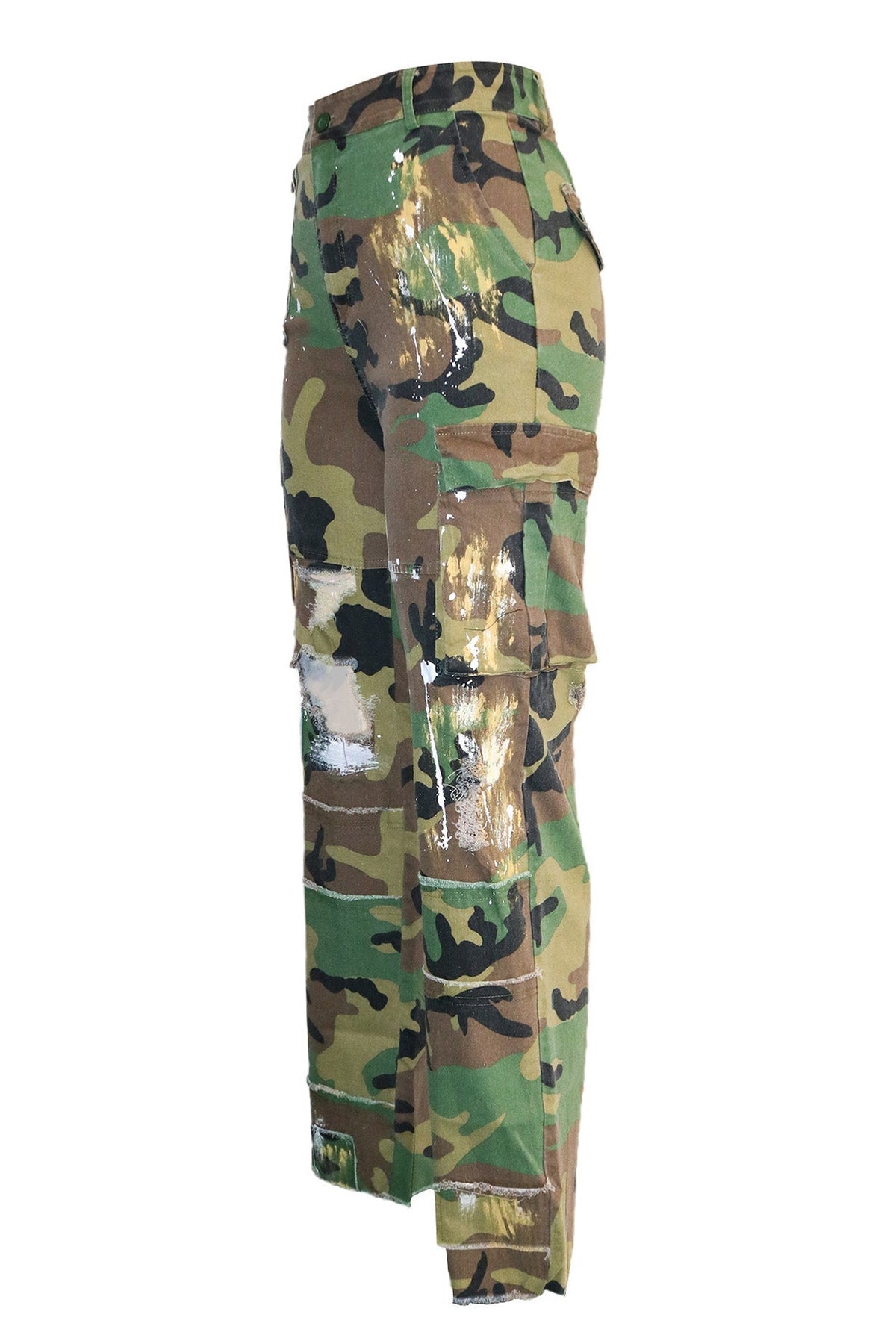 Distressed Camo Patchwork Wide-Leg Cargos Lavish Daily