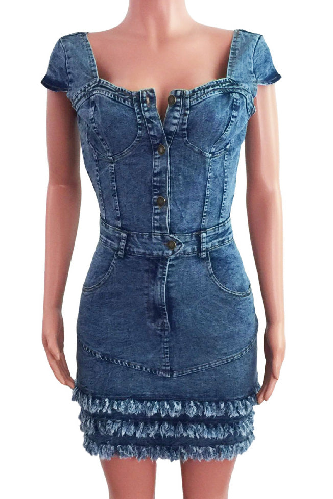 Ruffle Hem Bustier Denim Mini Dress Lavish Daily