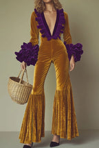 Velvet Contrast Stitch V Neck Jumpsuit LavishDaily