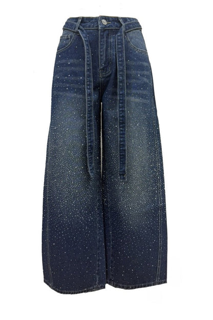 Rhinestone Sparkle Wide Leg Jeans High Waisted Lavish Daily