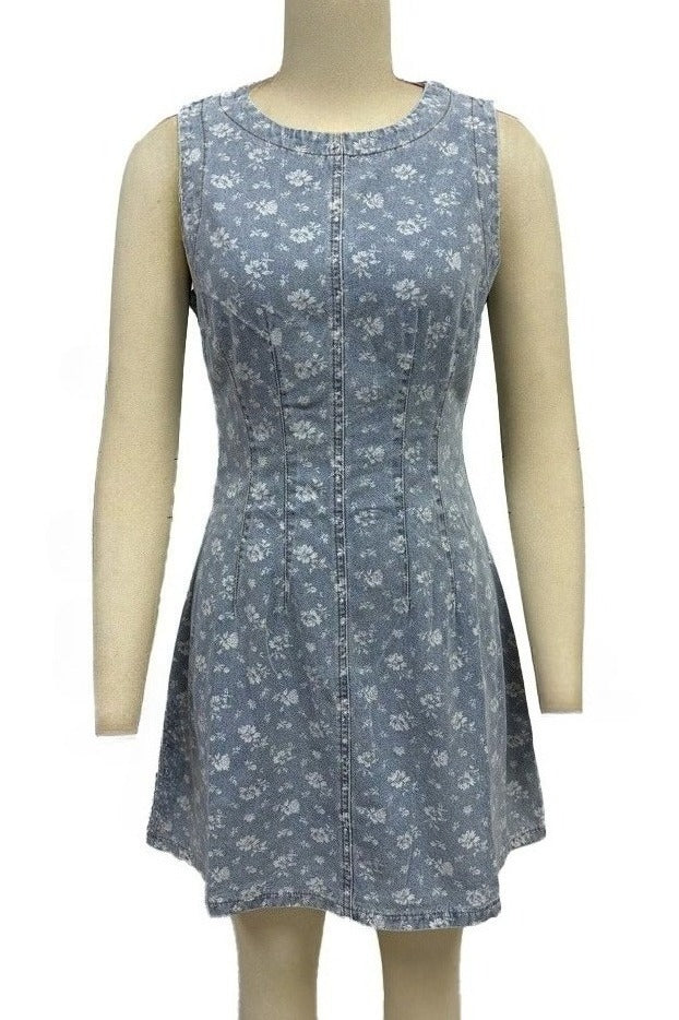 Vintage Floral Denim A-Line Mini Dress LavishDaily
