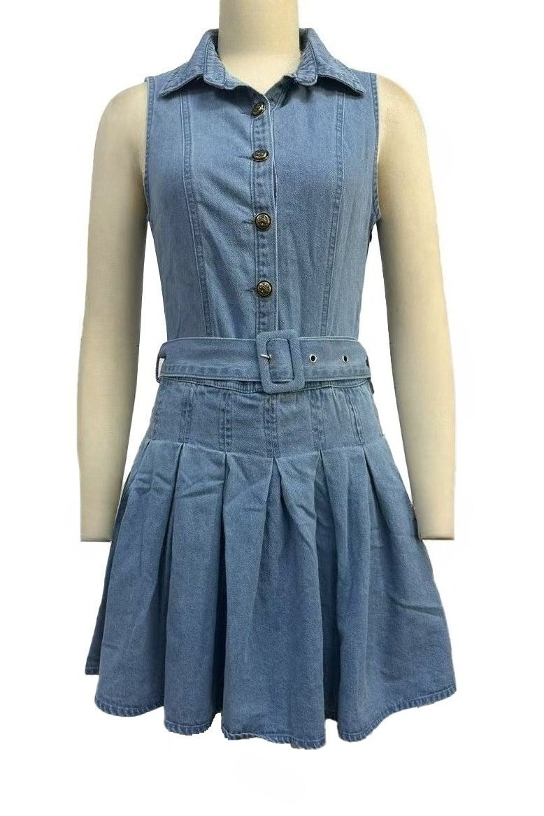 Belted Pleated Denim Mini Dress Sleeveless Lavish Daily