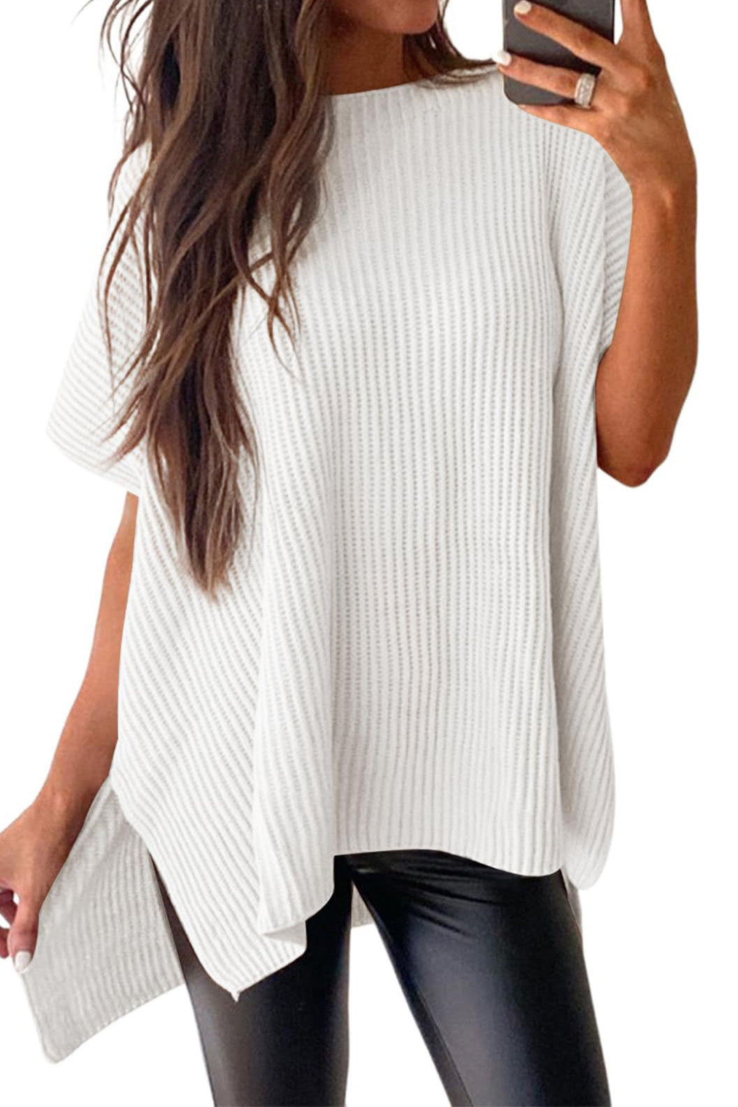 Short Sleeve Side Slit Oversized Sweater Lavish Daily