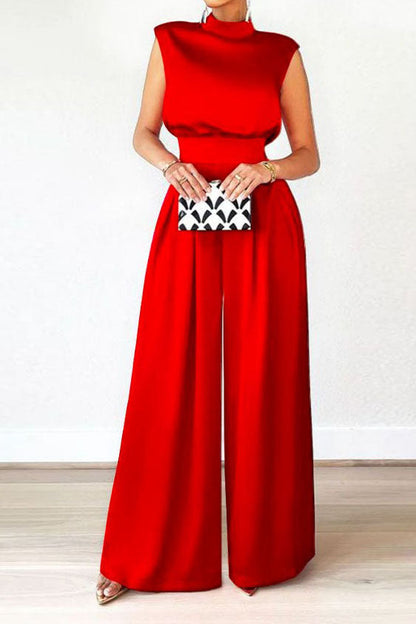 Sleeveless Mock Neck Pleated Wide Leg Jumpsuit Lavish Daily