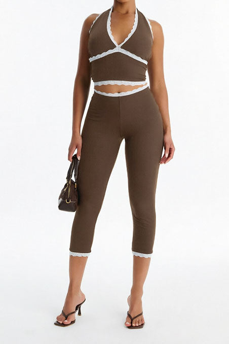 Lace Trim Ribbed Capri Set Lavish Daily