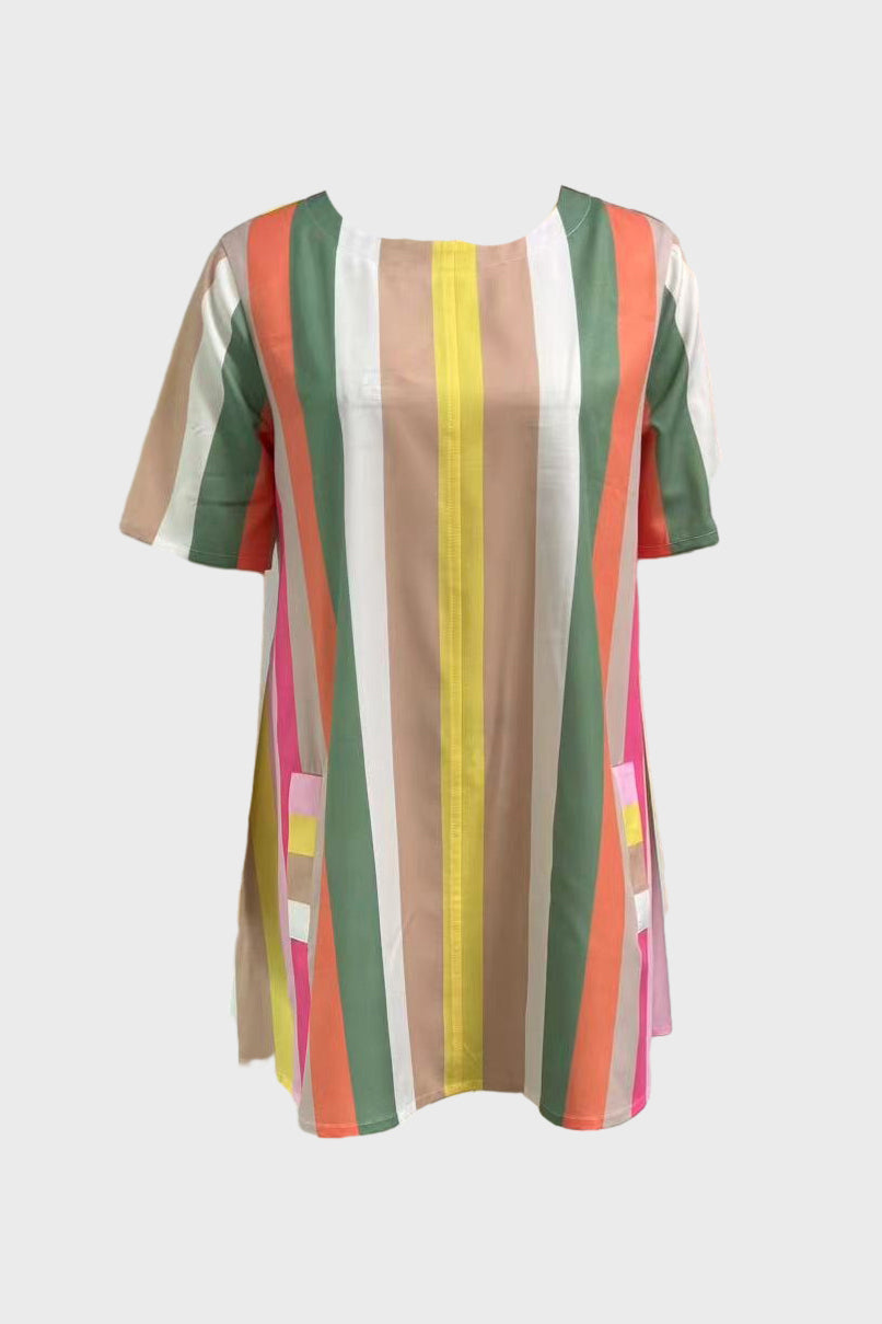 Multicolor Striped Round Neck Mini Dress Lavish Daily