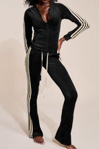 Zip Up Drawstring Stripe Flare Pants Set Lavish Daily