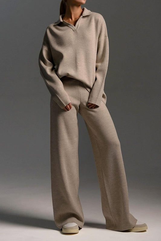 2-Piece Knit Polo & Wide-Leg Lounge Set Lavish Daily