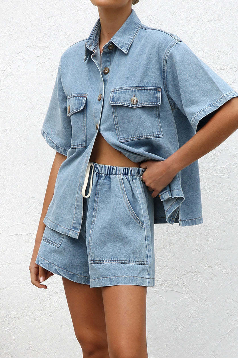 Loose Pocket Denim Shirt & Shorts Set Lavish Daily