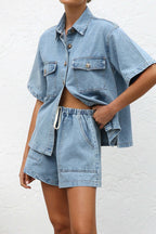 Loose Pocket Denim Shirt & Shorts Set Lavish Daily