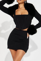 Crop Faux Fur Blouse & Corset 3 Piece Set LavishDaily