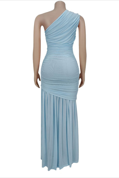 One-Shoulder Ruched Mesh Maxi Dress Lavish Daily