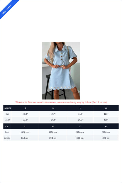 Short Sleeve Floral Eyelet Scalloped Hem Denim Dress Lavish Daily