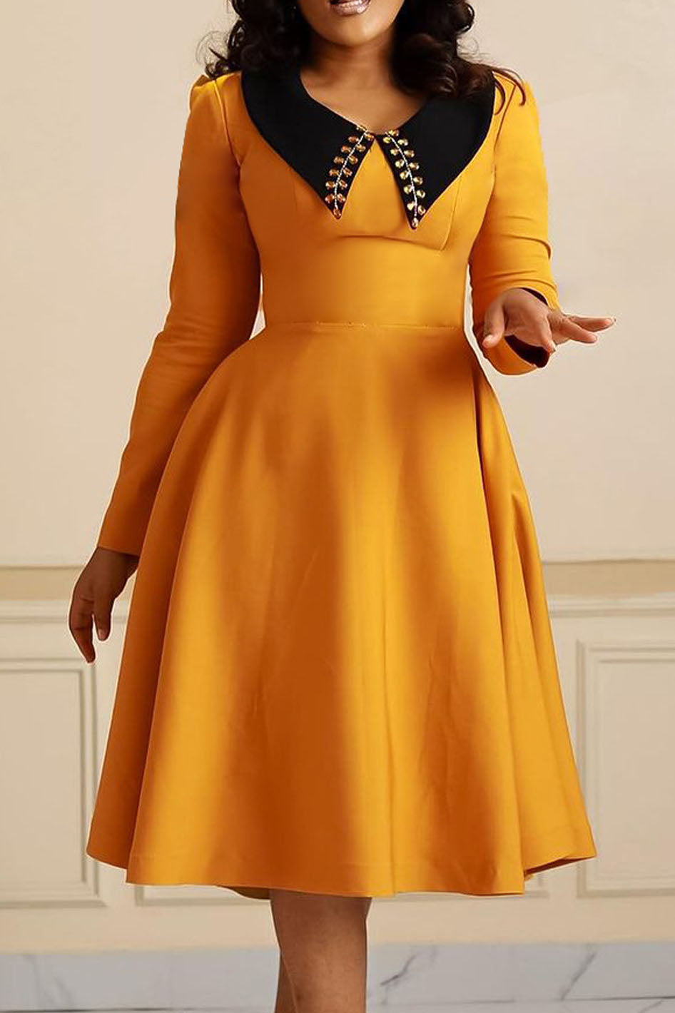 Solid Color Long Sleeve Lapel Elegant Dress Lavish Daily