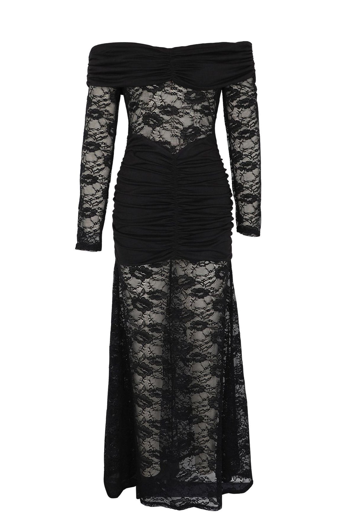 Off-Shoulder Ruched Lace Maxi Dress Lavish Daily