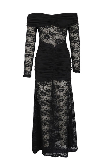 Off-Shoulder Ruched Lace Maxi Dress Lavish Daily