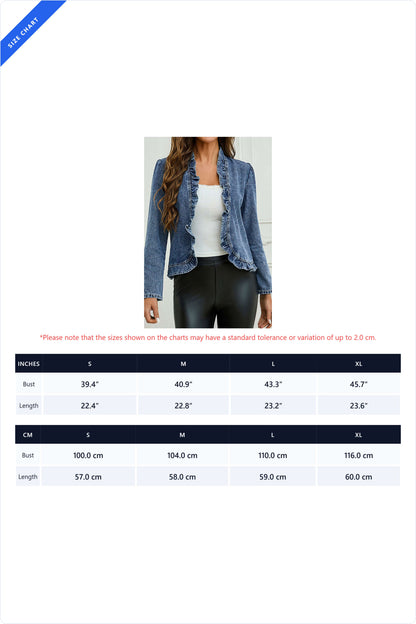 Cascading Ruffle Open Front Denim Jacket Lavish Daily