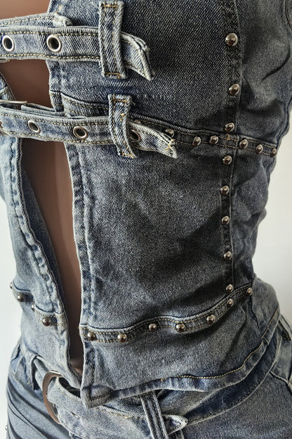 Edgy Studded Denim Halter Set Lavish Daily