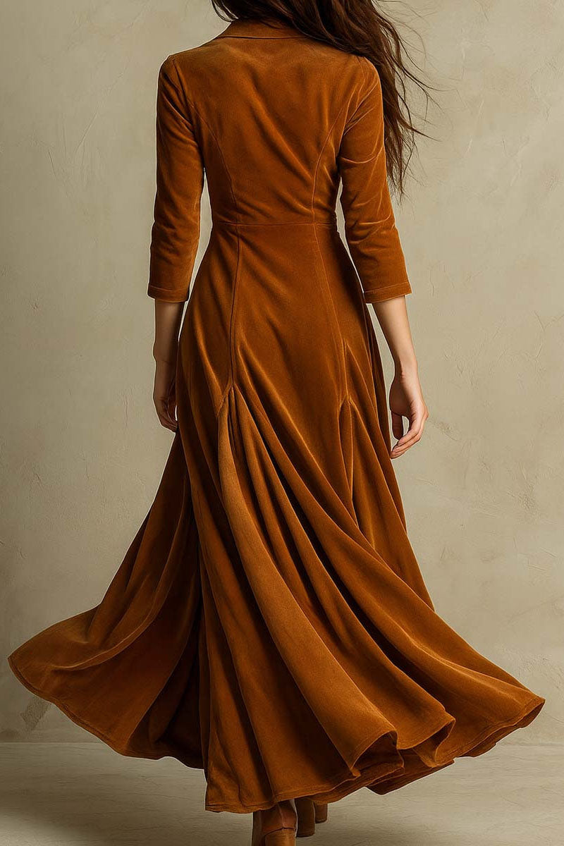 Solid Velvet Lapel Button Maxi Dress Lavish Daily