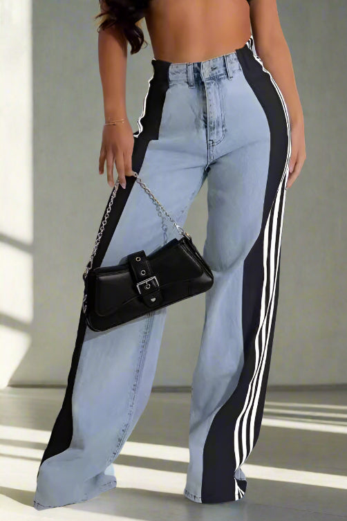 Wide Jeans with Wide Contrast Side Lines-Light Blue Lavish Daily