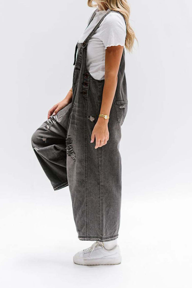 Loose Fit Distressed Denim Overalls Lavish Daily