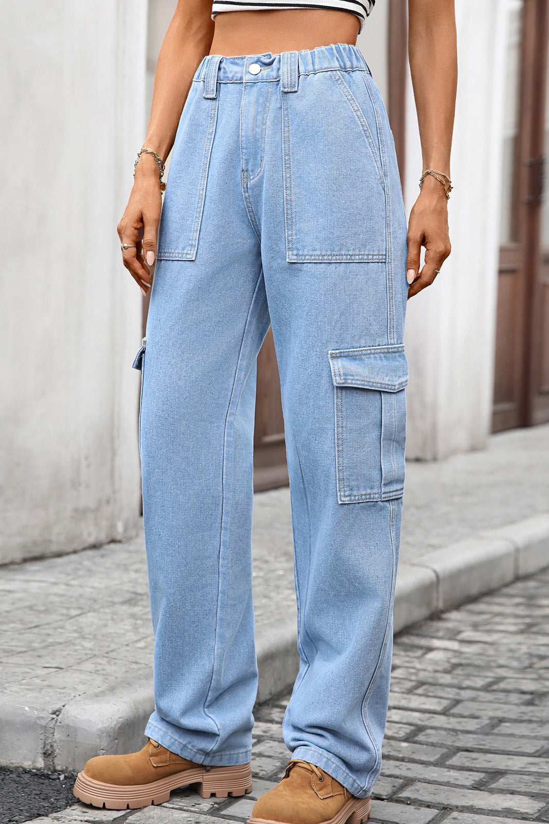 High Waist Elastic Baggy Cargo Jeans LavishDaily
