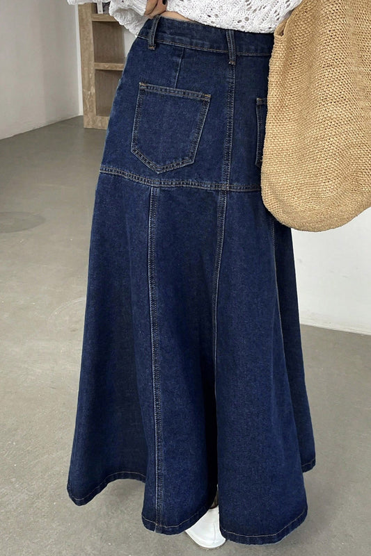 Paneled A-Line Denim Maxi Skirt Lavish Daily