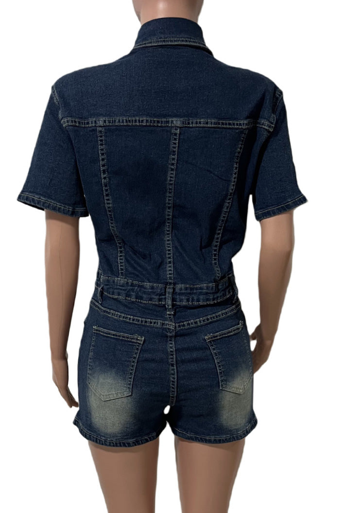 Short Sleeve Slim Fit Stretch Denim Romper Lavish Daily
