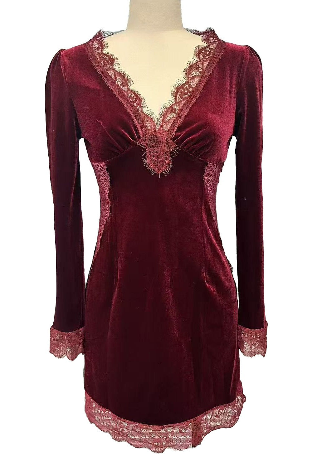 Velvet & Lace Patchwork V-Neck Mini Dress Lavish Daily