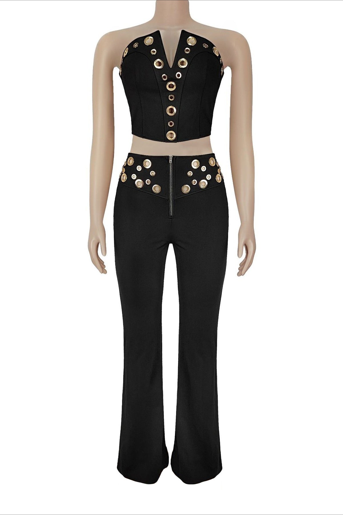 Strapless Grommet V-Neck Flare Pant Set Lavish Daily
